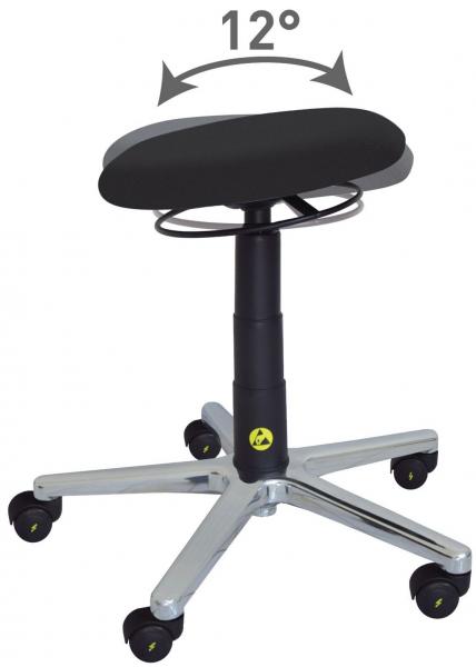 The image shows a rolling stool with an oval, black seat and an adjustable swivel mechanism. The stool has five wheels and a chrome-colored base.