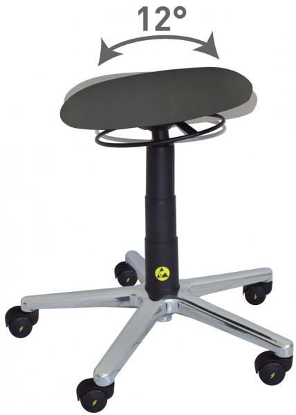 The image shows an office chair with a round, padded seat and a taller, black column. The chair has five wheels and a supportive footrest. The seat can be tilted by 12°.