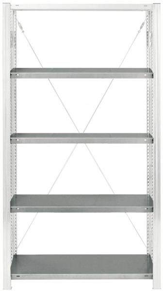 The image displays a sturdy, metallic shelving system with five gray, flat shelves. The structure is vertical and features lateral supports as well as diagonally mounted braces.