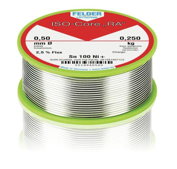 The image shows a spool of solder wire with a diameter of 0.50 mm. The spool is silver-colored and is located in a green, round container.