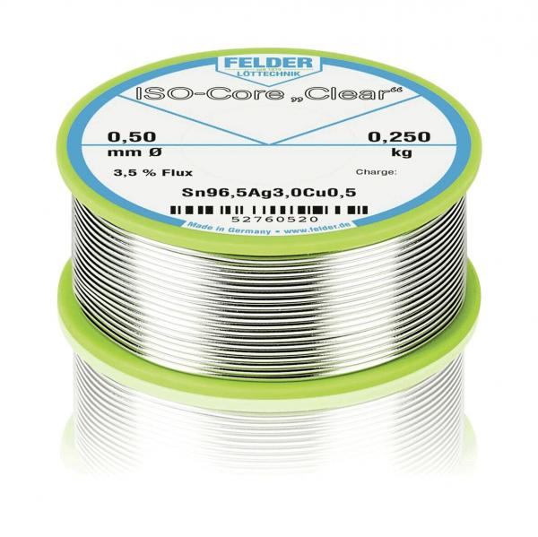 The image shows a spool of soldering wire. The spool has a green edge and a label in blue and white, detailing specifications such as diameter (0.50 mm) and weight (0.250 kg).