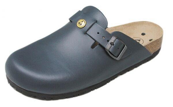 The shoe is a gray clog with a closed front and an open heel area. It has a small buckle and a padded leather insole. The sole is black and non-slip.