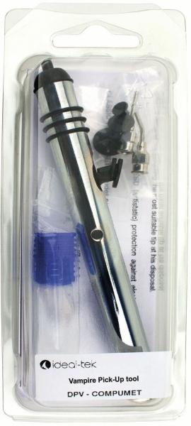 The image shows a transparent packaging material with a silver tool that looks like a pen. It includes accessories in black and blue, including inserts and a protective cap.
