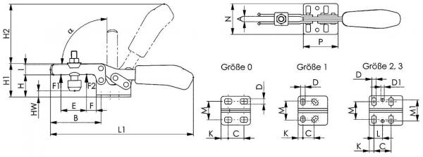 The image displays technical drawings of a lever. The side view illustrates the lever shape with dimensions. On the right, various sizes with measurements are shown.