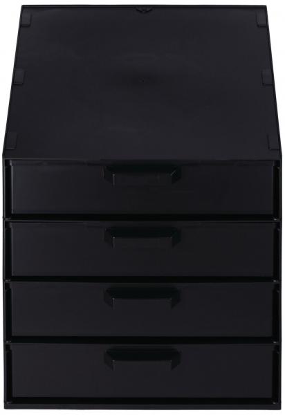 The image shows a black dresser with four drawers. The drawers have clear handles and the surface is smooth and flat. The dresser has a practical, simple shape.