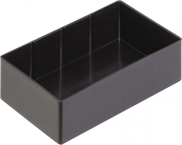 The image shows a rectangular, black plastic storage container. It has smooth sides and an open top, without a lid, and is divided into three compartments.