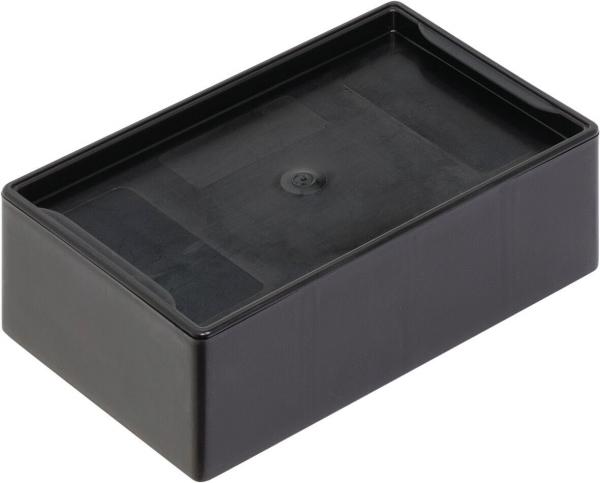 The image shows a rectangular, flat box made of black plastic. It has high side walls and a uniform, smooth lid with no special decorations.