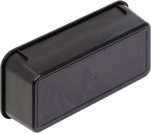 The image shows an elongated, black plastic box with rounded corners. The surface is smooth and solid-colored. There are no visible handles or special patterns.