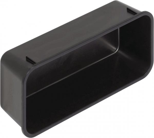 The image shows a rectangular, flat container made of black plastic. It has rounded corners and a smooth interior. There are two small notches on the sides.
