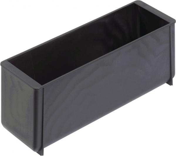 The image shows a rectangular, black plastic container. It has smooth sides and an open top, without a lid. The container is sturdy and suitable for storing items.