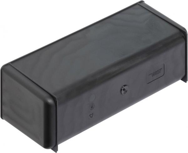 The image shows a black, rectangular plastic casing. It has rounded edges, a smooth surface, and is positioned horizontally. On one side, there are buttons and symbols visible.