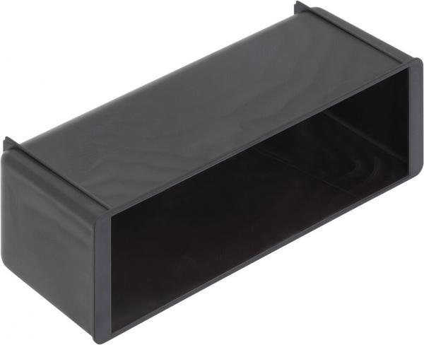The image shows a rectangular, black container without a lid. It has smooth walls and an open top, allowing a view inside.