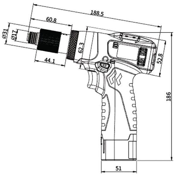 Das Bild zeigt eine technische Zeichnung eines Akkuschraubers. Er hat einen ergonomischen Griff, eine vordere Halterung für Aufsätze und Maßangaben, die Länge und Breite definieren.