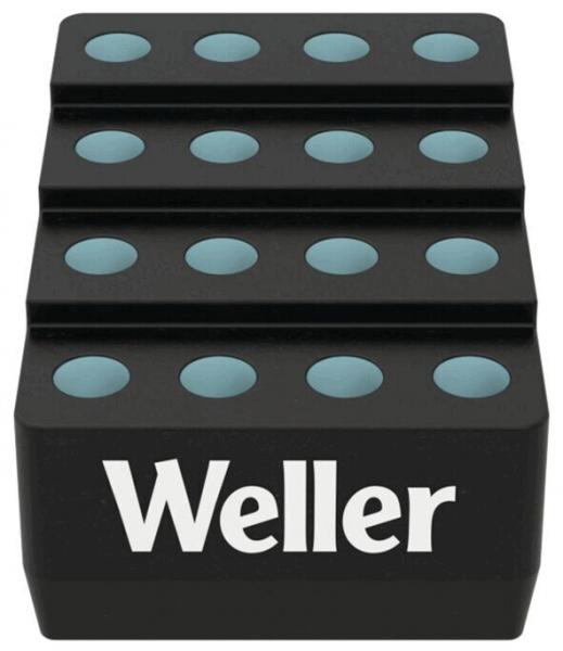 Das Bild zeigt einen schwarzen Halter mit drei gestuften Ebenen. Auf jeder Ebene sind mehrere runde, leicht erhöhte Vertiefungen in Türkis. Der Schriftzug "Weller" steht in Weiß auf der Vorderseite.