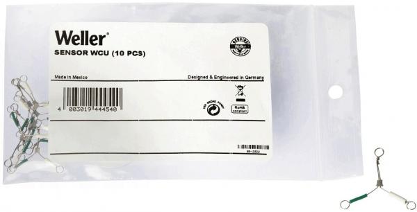 Das Bild zeigt eine transparente Plastiktüte mit einer weißen Etikette, die den Schriftzug "Weller SENSOR WCU (10 PCS)" trägt. Darin sind mehrere kleine, silberne Sensoren mit grünen Akzenten.