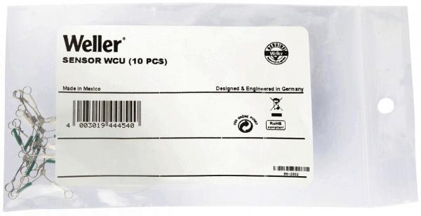 Das Bild zeigt eine durchsichtige Plastiktüte mit einem weißen Etikett. Darauf steht "Weller SENSOR WCU (10 PCS)" und eine Barcode-Nummer. Die Tüte enthält kleine, metallische Sensoren.