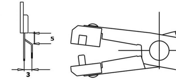 The image displays technical drawings of a device. On the left is the side view with dimensions, on the right the top view with two movable parts. Dimensions: 3 and 5 units.