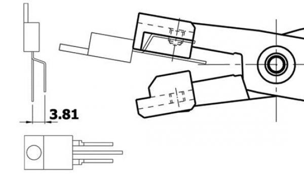 The image displays technical drawings of a connector. It shows views from the front, the side, and a detailed view with dimensions, specifically 3.81 mm.