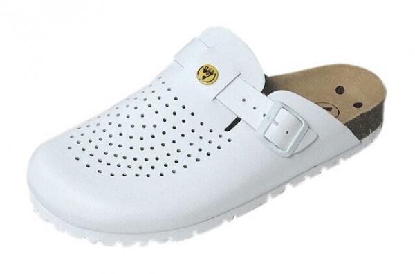 The shoe is a white clog with several small holes for ventilation. It has a wide strap with a buckle and a padded insole. The sole is sturdy and slip-resistant.