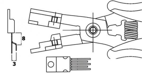 The image displays a technical drawing of a pair of pliers with a detailed view. On the left is a partial view indicating the size 3x8 mm. In the center are the pliers themselves with a central axis.