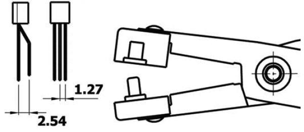 Das Bild zeigt eine technische Zeichnung. Links sind zwei Bauteile mit Pins, deren Maße angegeben sind (1,27 mm und 2,54 mm). Rechts ist ein Werkzeug dargestellt, wahrscheinlich ein Zangenmechanismus, mit Details zum Gebrauch.