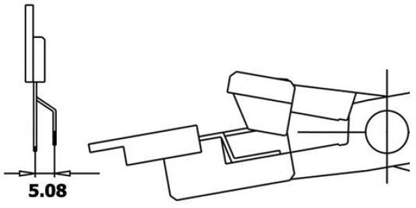 The image shows a technical drawing. On the left is a side view of an object with a small pin. On the right is a top view of a flat element that is tilted.