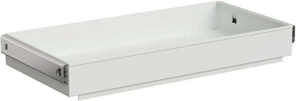 The image displays a flat, rectangular drawer in a clean, white design. It has a smooth bottom and low sides. The drawer appears to be made of metal or durable plastic.