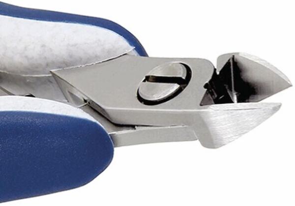 The image shows a metal nail clipper pliers. It has a sharp, curved blade and a blue, rubberized handle that ensures comfort. The mechanism is visible.