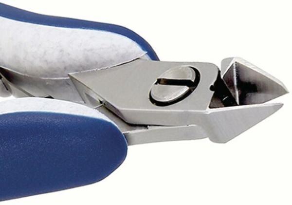 The image shows a nail clipper with a metallic head and blue, rubberized handles. The blades are sharp and pointed, suitable for cutting nails.