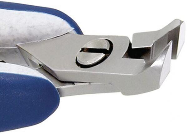 The image shows a close-up of a tool with blue handles. The metal blades are sharp and pointed, suitable for cutting or gripping. A screw cap is visible.