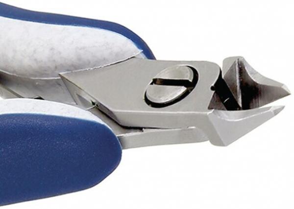The image shows a pair of pliers with a silver, pointed cutting blade and blue, rubberized handles. The pliers are designed for precise cutting.