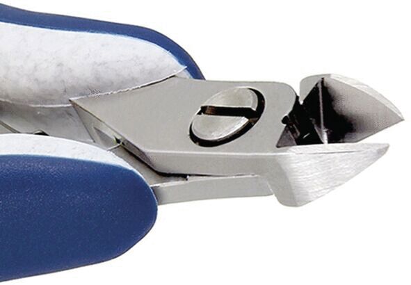 The image shows a nail scissors with a sharp, curved blade and a blue plastic handle. The mechanism allows for precise cutting.