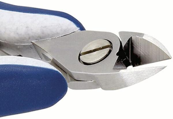 The image shows a close-up of pliers with curved, sharp blades. The handle is blue and has a rubberized surface for better grip. The pliers are made of shiny metal.