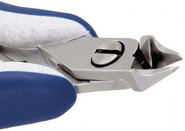 The image shows a nail clipper with a metallic cutting head that is slightly curved. The handles are ergonomically shaped and have a blue rubber coating.