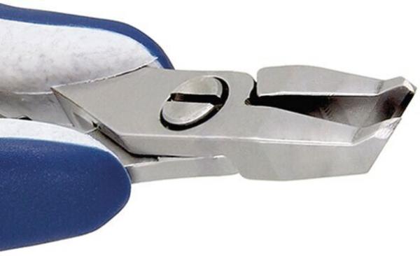 The image shows a metallic pair of pliers with blue ergonomic handles. The tip of the pliers is narrow and wedge-shaped, ideal for cutting or grasping small objects.