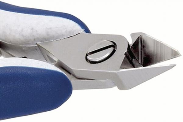 The image shows a nail clipper with a wide, angled blade and blue, ergonomic handles. The blade has a pointed, sharp edge for precise cutting.