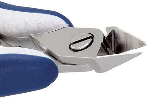 The image shows a nail or craft pliers made of shiny metal. The handle is blue and covered with white plastic. The blades are sharp and pointed, ideal for cutting.