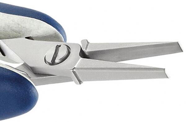 The image shows a precise pair of pliers with two pointed, metallic jaws. The handle is coated with blue and gray rubber, which provides a better grip.