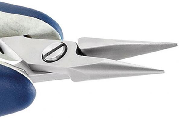 The image shows a close-up of a pair of pliers with two long, pointed metal blades. The handle is blue and the pliers have a screw in the middle for attachment.