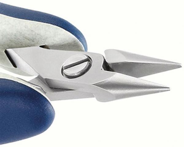 The image shows a metallic pair of pliers with two pointed cutting surfaces. The handle is blue, and the pliers have a central screw for attachment. Ideal for cutting fine materials.