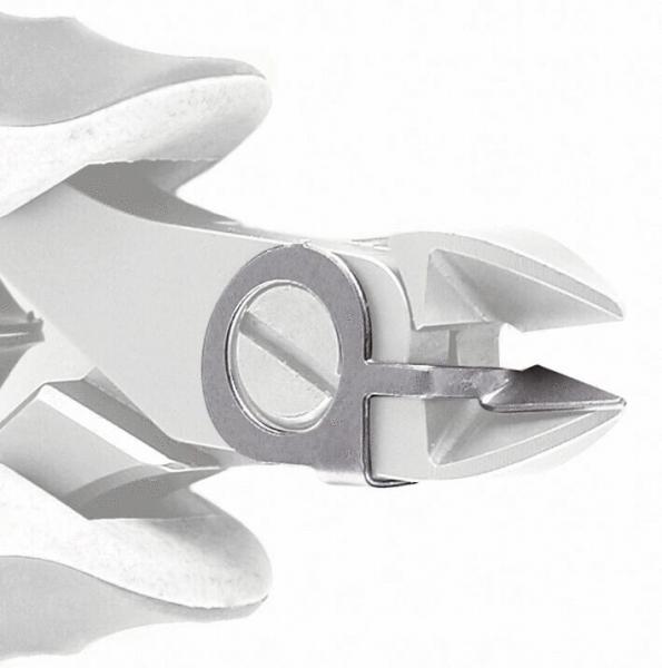 The image shows a metallic pliers used for cutting or bending. It has a sharp edge and a round cutout in the middle to provide better grip.