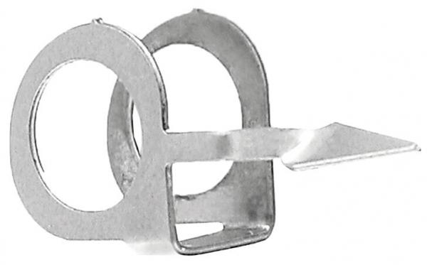 The image shows a small, silver metal clip with two rings and a pointed end protruding on one side. It is often used for fastening or holding.