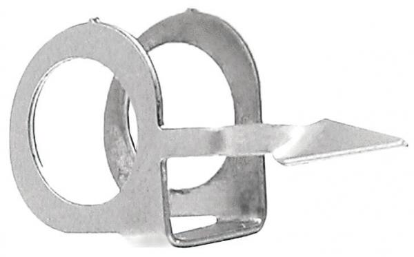 The image shows a small, silver metal clip. It has two circular openings and a flat, pointed tab on one side that is used for fastening.