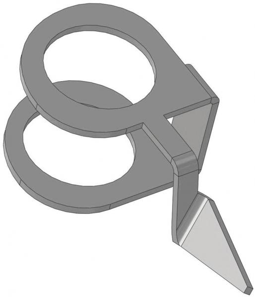 The image shows a gray, metallic tool with two large, round eyelets and an angled, sharp blade. It has an ergonomic shape for a good grip.