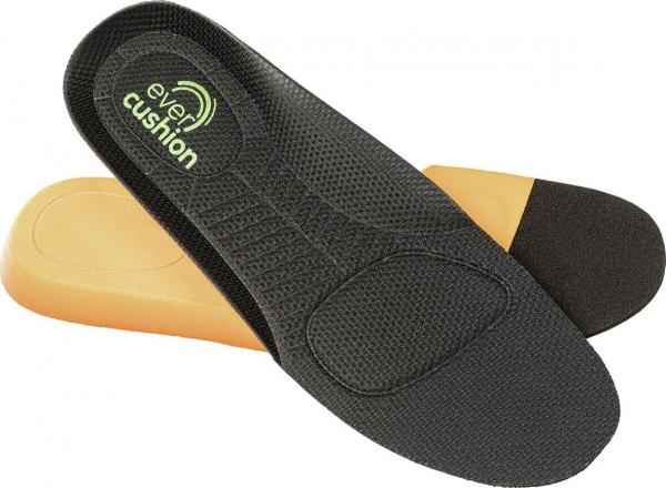 The image shows two black insoles for shoes. The insoles have a textured surface and are orange at the heel and toe area. A logo is visible.