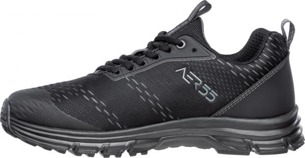 The shoe is a sporty, black sneaker with a textured surface and laces. It has a sturdy sole and a modern, functional shape.