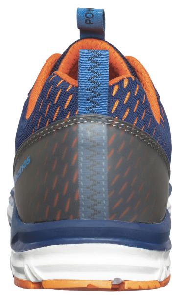 The shoe is sporty and features a blue, breathable upper with orange accents. The sole is white with orange parts, and the heel area has a transparent reinforcement.