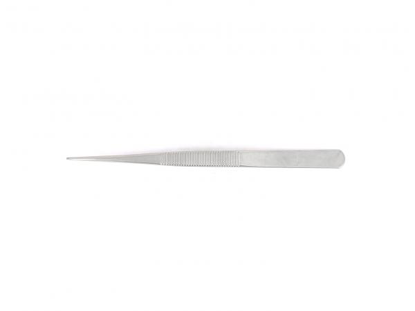The picture shows a long, slender metal tweezer. It has a smooth surface, tapers to a pointed tip, and has fine ridges on one side for better grip.