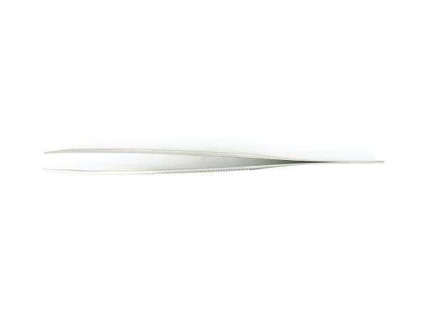 The image shows a straight, narrow pair of metal tweezers. It has two long, narrow arms that meet at one end, and a fine tip for precise handling.