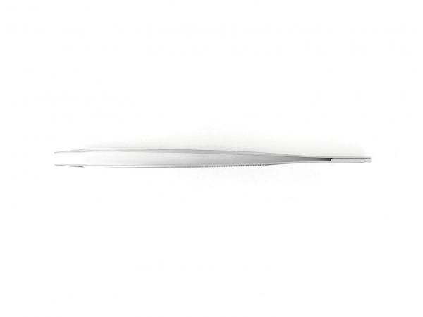 The image displays a long, narrow metallic tweezer in silver color. It features a flat, slightly curved shape and a pointed tip for grasping small objects.